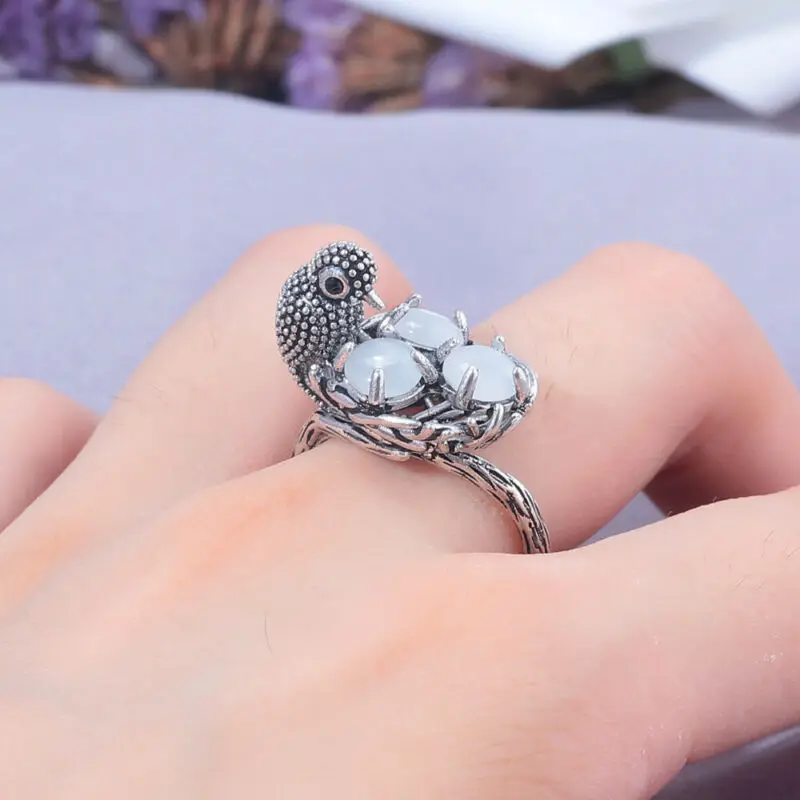 

Ring 6-10 Retro Vintage Bird Nest Moonstone Bird Egg Zircon Women Jewelry