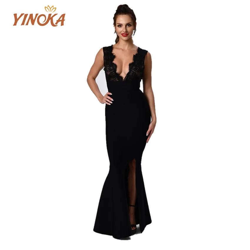 

Yinoka elegant bandage dress long lace sexy summer bodycon dresses evening gown maxi black white celebrity midi dinner night