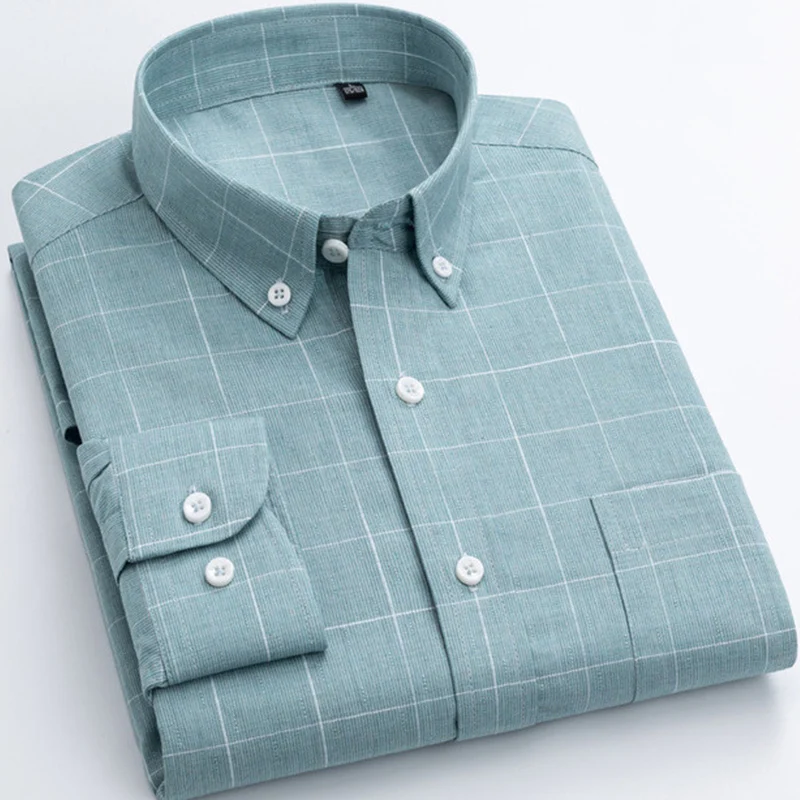 

Large Sizes 8XL 7XL 100% Oxford Cotton Long sleeve Dress Shirt For Men Buttons Up Plaid Shirt Striped Pocket Camisa Mens Shirts