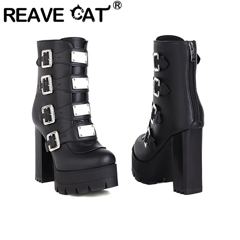 

REAVE CAT Big Size 44 Black Gothic Style Cool Punk Motorcycles Boots Female Platform Wedges High Heels Calf Boots Women Shoes