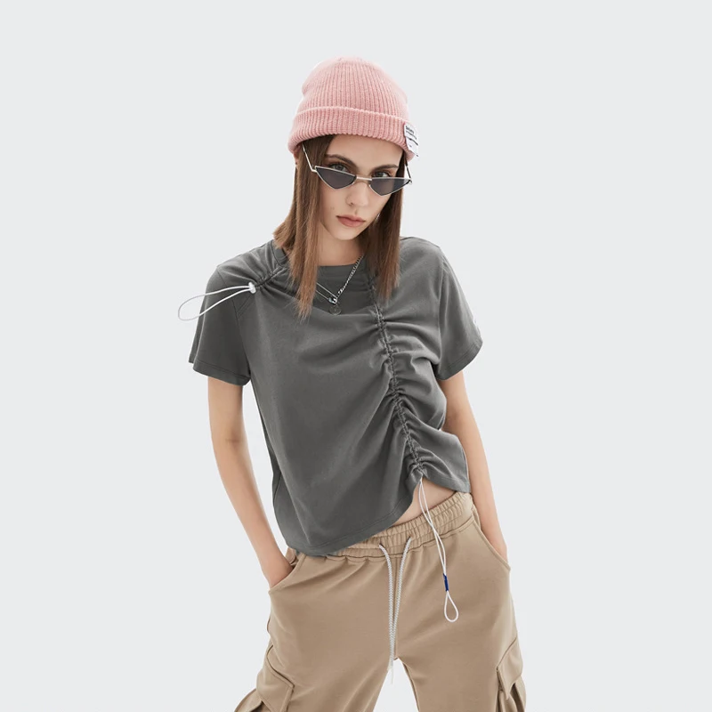 

Alixman Women T-shirt Spring and Summer Pure Cotton Fashion Camisole Street Drawstring Ruffle Casual Short Sleeve T-shirt Female