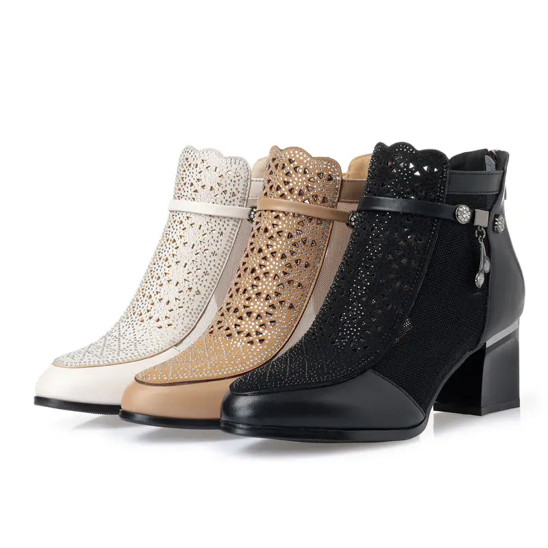 

2021 Sandals Boots Cowhide Genuine Leather Women High Heeeld Mesh Shoes Square Heel Pointed toe Woman Summer Heels Back Zip34-43