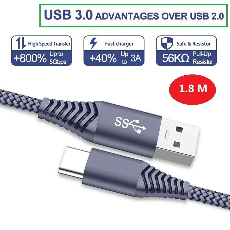 1 8 м Тип USB C к 3 0 синхронизации данных Быстрая зарядка кабель для Samsung S10 note10/Huawei mate20