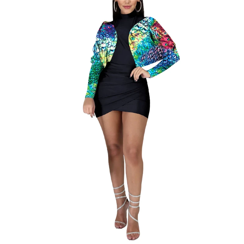 

Dresses Women Bat Puff Sleeve Leopard Peacock Feather Printed Dress Autumn Streetwear Turtleneck Mini Bodycon Dress for Women