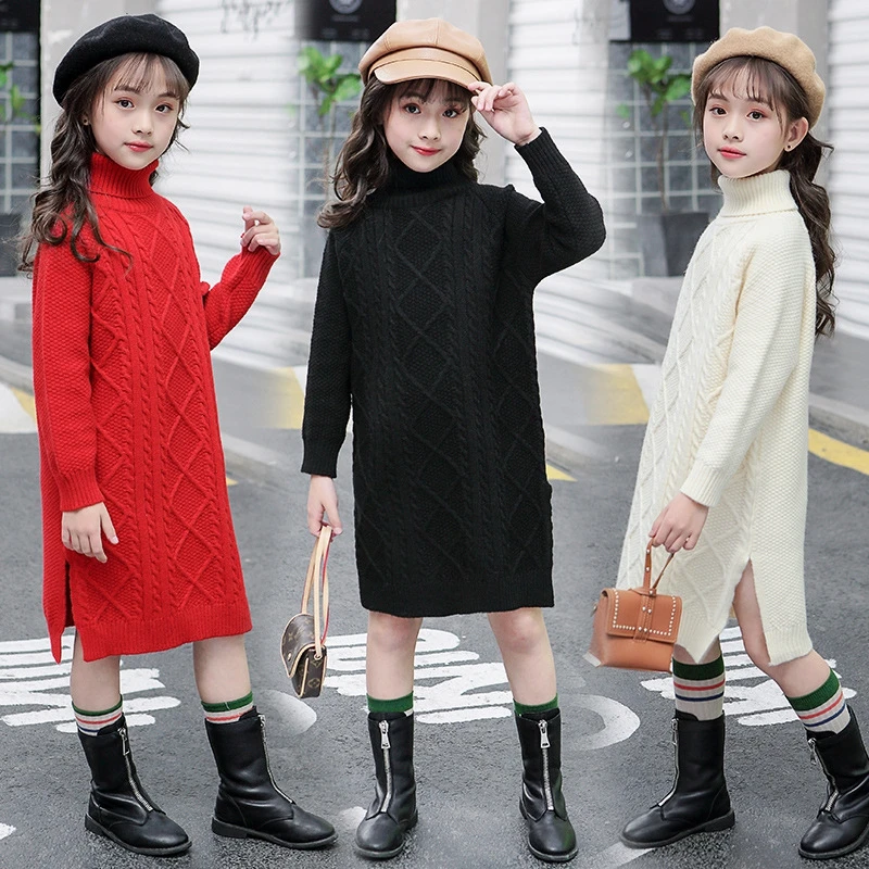 Осенние свитера с высоким воротником для девочек плотные вязаные платья длинный