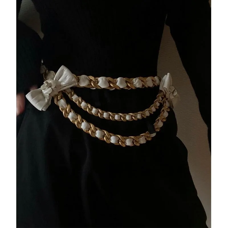 

Sheepskin Waistchain Runway Camellia Flower Handcraft Workshop Belt Top Quality Waistband Decorative Bowknot Design
