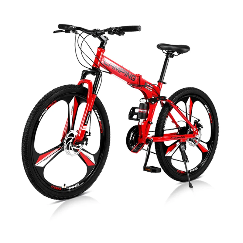 26 Inches Foldable Bicycle Mountain Bike Three-Wheel Road Bike 21 Speeds Cycling Suspension Bicycle Double Disc Brake Red