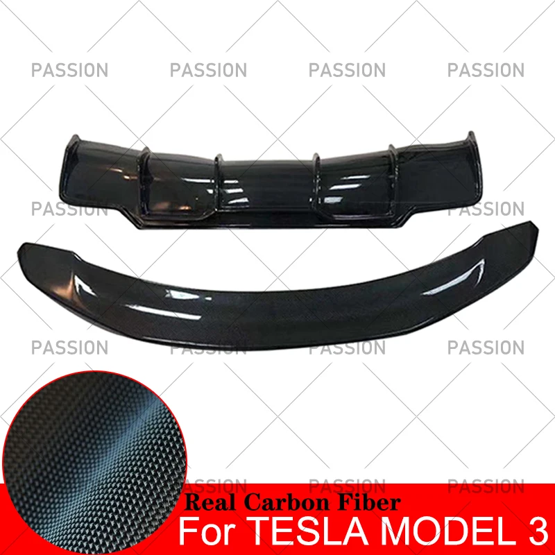 

For 2017 2018 2019 Tesla Model 3 Front Bumper Chin Lip + Rear Diffusers + Spoiler + Side Skirts Door Body Kit Real Carbon Fiber