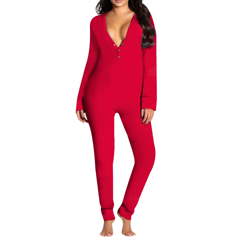 

Sexy Women Xmas Cutout Pyjama Rompers Deep V-neck Functional Buttoned Flap Adults Pajamas Button Design Plunge Lounge Jumpsuit