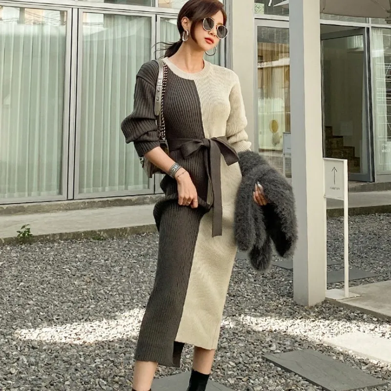 

New 2020 Korea Autumn Winter Women Hit Color Patchwork Long Sleeve Knit Sweater Maxi Dresses Female Clothes Robe Vestidos