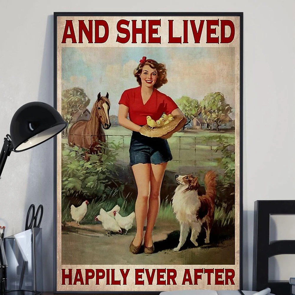 

Vintage Farm Girl With Dog Chicken Horse Poster Print And She Lived Happily Ever After Quote Wall Art Canvas Pictures Home Decor