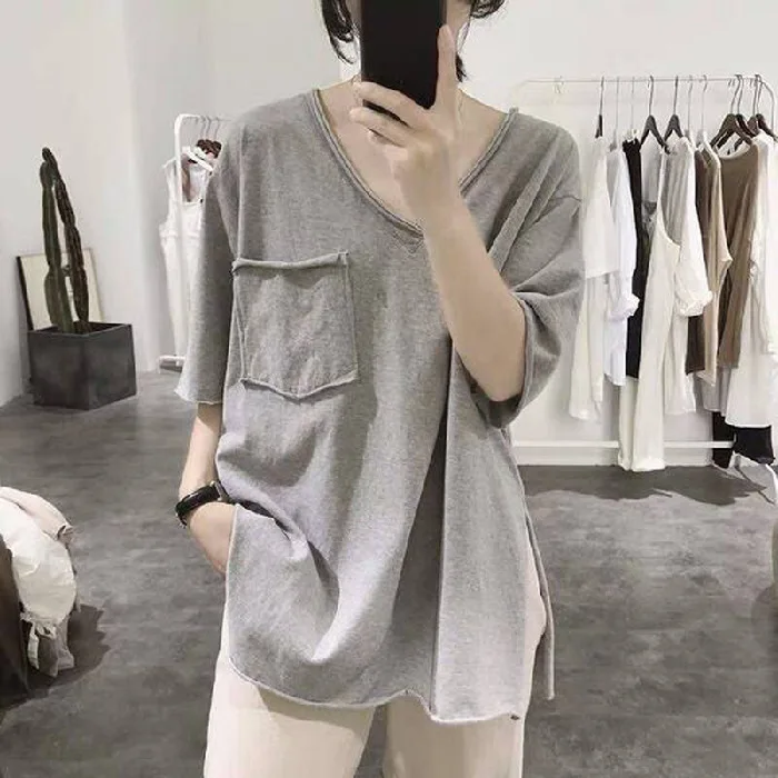 

Summer Sexy Collarbone V Neck T-shirt For Women Leisure Split Short Sleeve Korean Loose Sports T-Shirt Fashion Casual Streetwear
