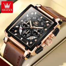 OLEVS New Original Watch for Men Top Brand Luxury Hollow Square Sport Watches Fashion Leather Strap 