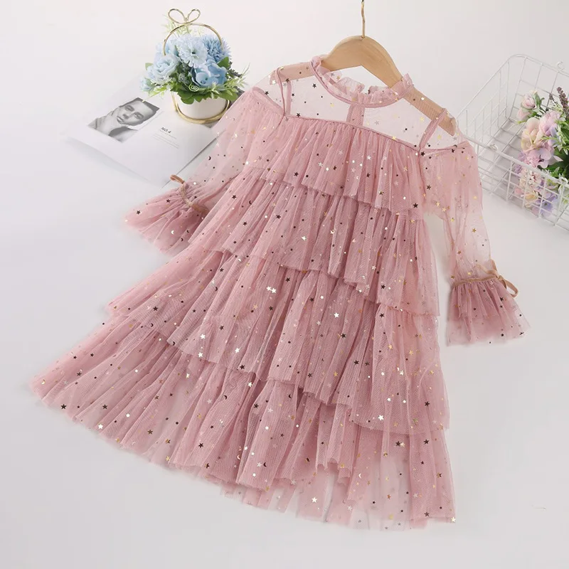 Сетчатое платье принцессы в горошек для девочек осенняя одежда маленьких платья