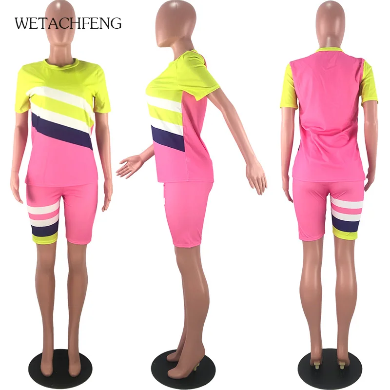

2020 Fashion Women's Tracksuit Casual Two Piece Sets Plus Size Tops And Biker Shorts Striped Sports Suit Summer Fitness Outfits