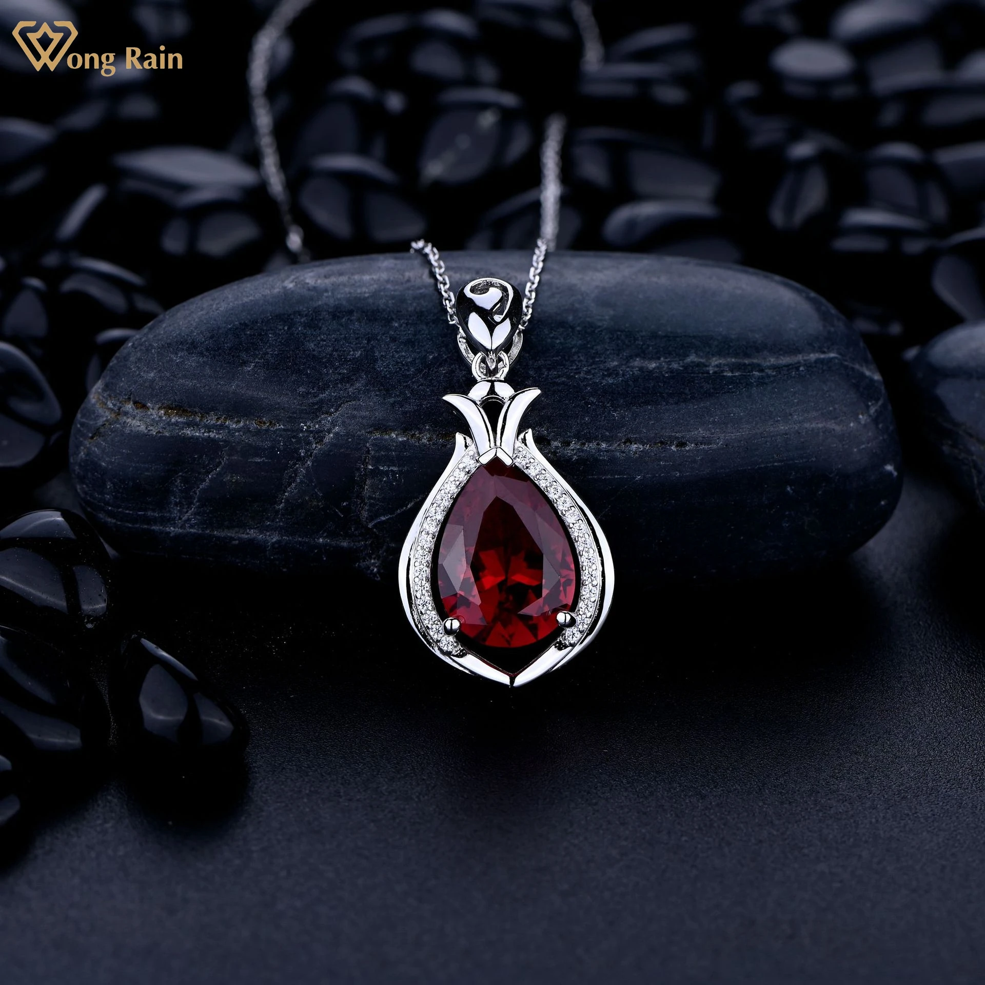 

Wong Rain Vintage 925 Sterling Silver 10*14 MM Pear Cut Ruby Created Moissanite Wedding Party Lady Pendant Necklace Fine Jewelry