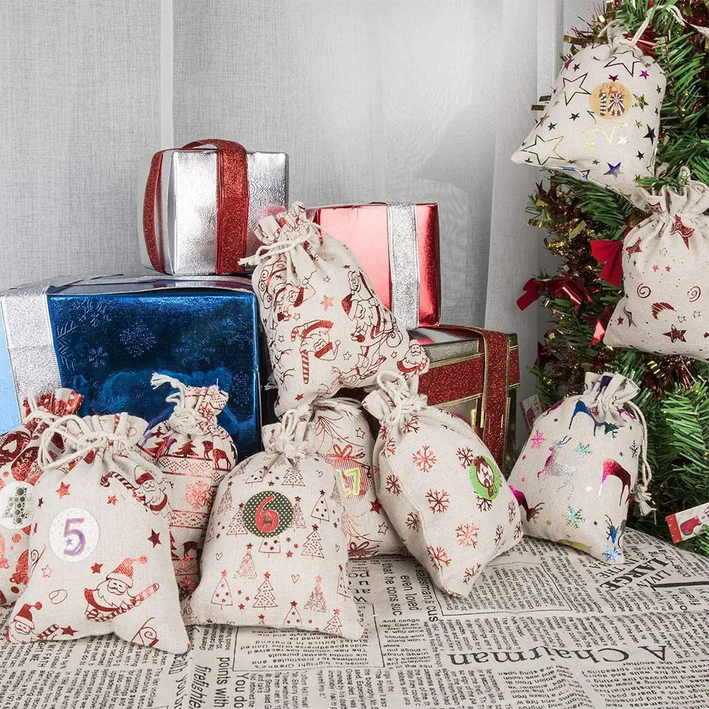 

24pcs Set Christmas DIY Advent Bags Advent Calendar Bags Candy Bag Christmas Tree Hanging Sacks Calendar Halloween Gift Bag