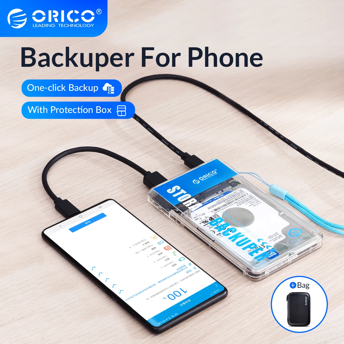ORICO Backuper With Protection Bag Backup for Phone Support  4TB Capacity One-touch Backup/Delete 5Gbps SATA TO USB C Port Power