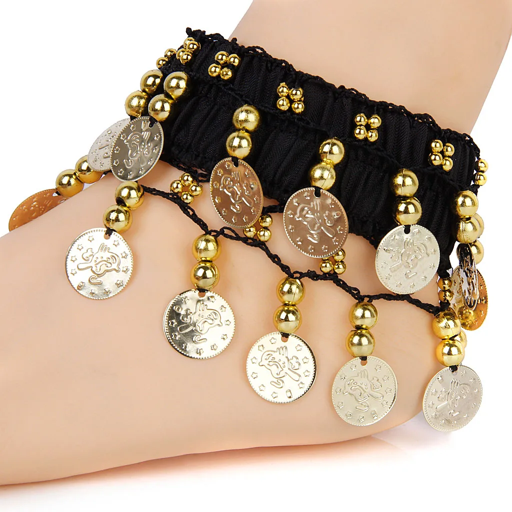 

Womens Belly Dance Fashionable 24 Artificial Golden Coin Charms Anklet Bracelet Pack of 5PCS Black