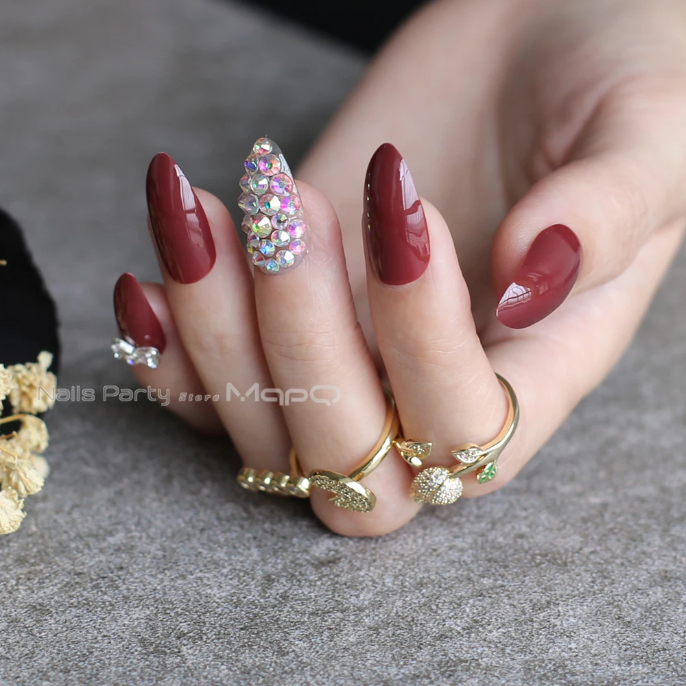 Тонкие накладные ногти УФ красные полностью хрустальные с бантом цветочные