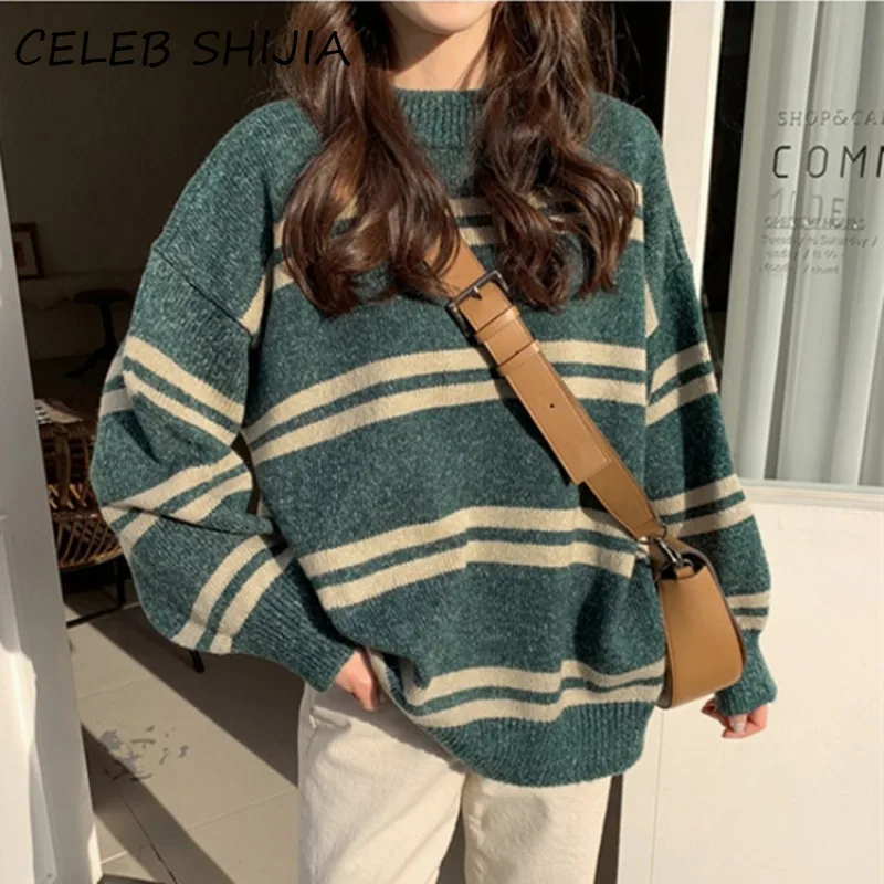 

Женский полосатый свитер, теплый Свободный вязаный пуловер с круглым вырезом и длинным рукавом, Шикарный джемпер для осени и зимы, 2020