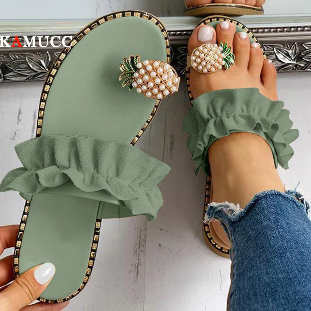 

New Women Slipper Pineapple Pearl Flat Toe Bohemian Casual Shoes Beach Sandals Ladies Shoes Platform Sandalias De Mujer 2021