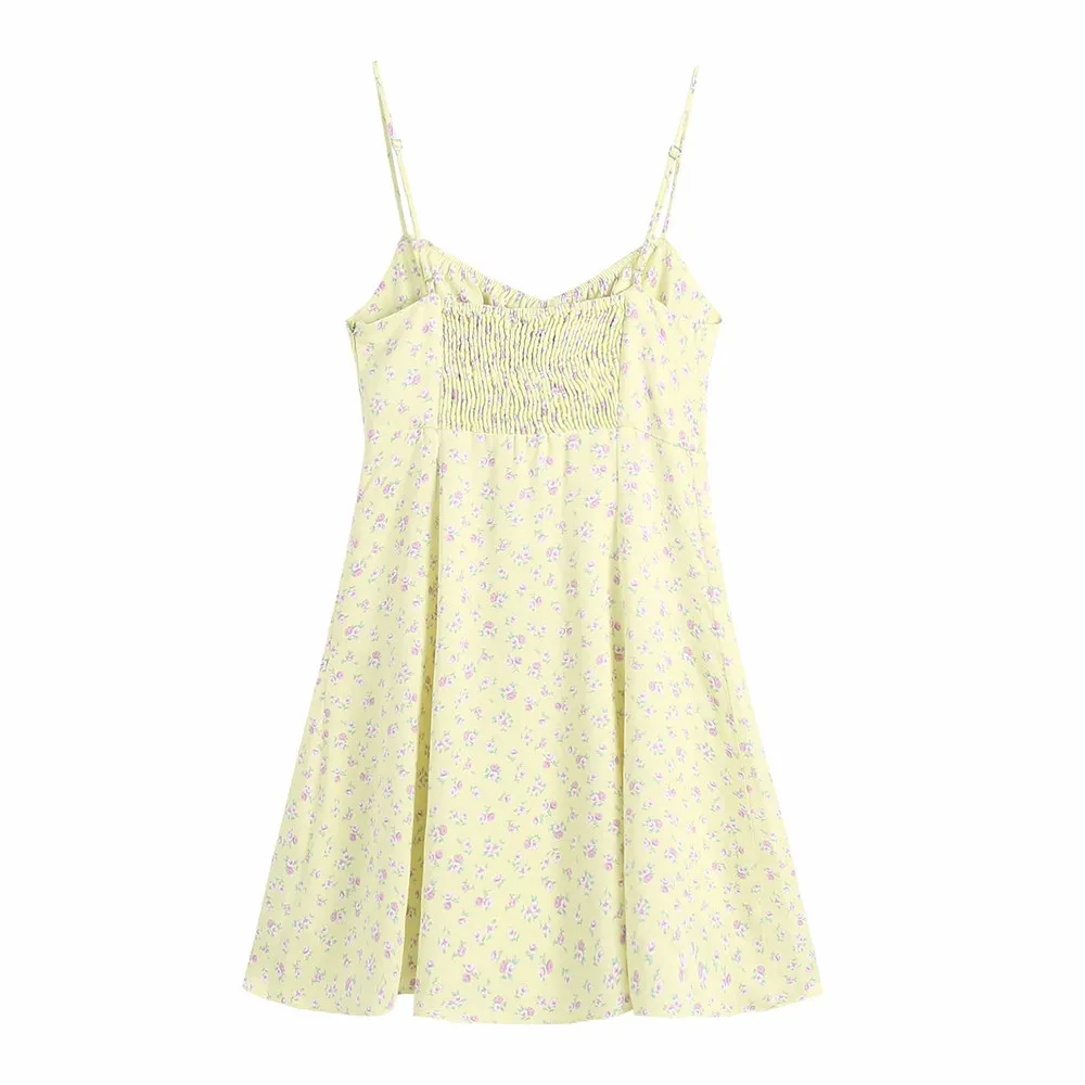 

2021 ZA summer new women's dress temperament sweet Satin texture printing lace up women's lace up suspender dress RA 8342/115