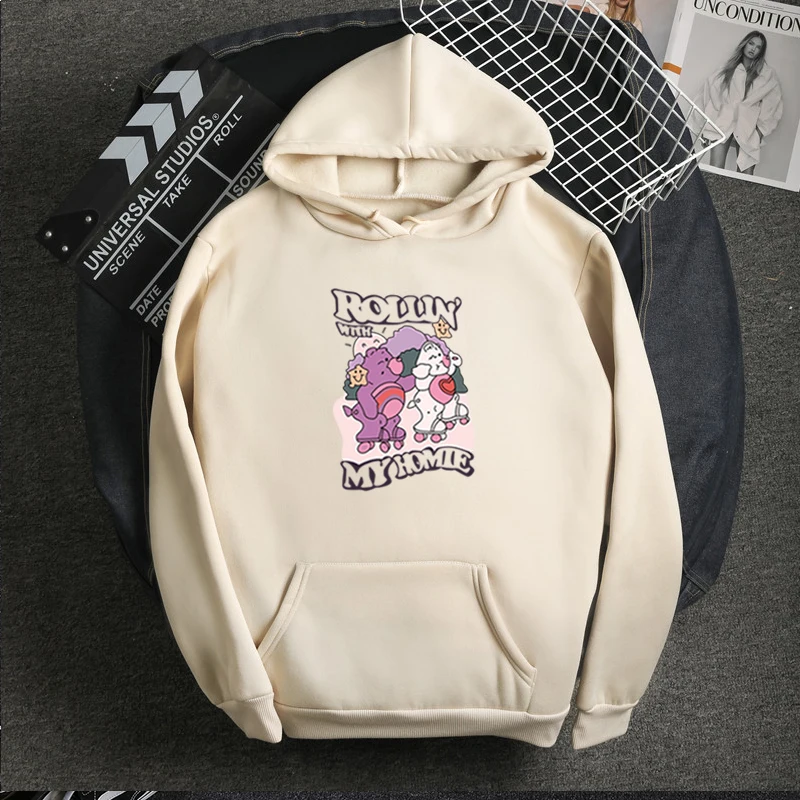 

Autumn and Winter New Candy Colors Female Sweatshirt Harajuku Style Cartoon Bear Print Pattern Japan Korean Women Fleece Hoodies