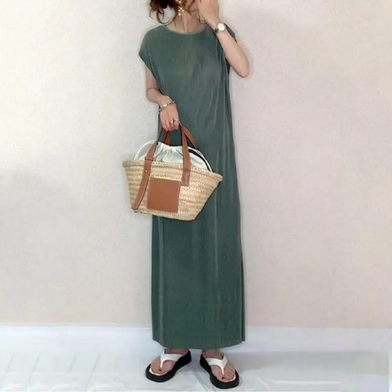 

2022 Summer Japanese Simple Green Vest Dress New Loose Thin Temperament All-match Women Sleeveless Long Dress Tide Free Shipping