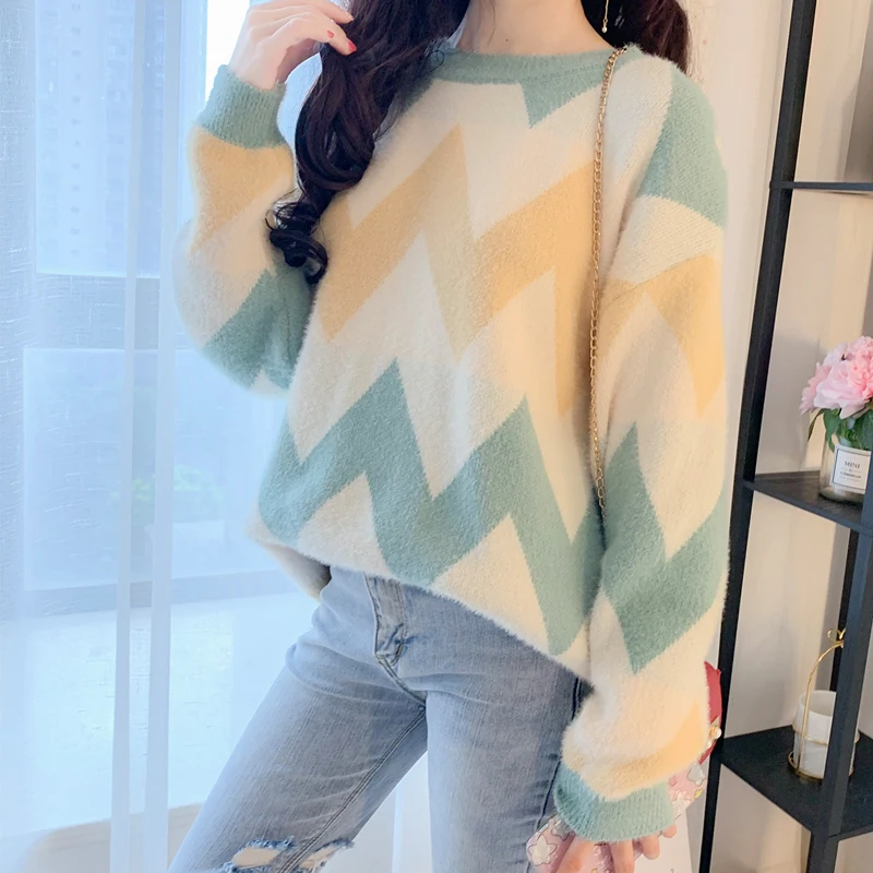 Mink Cashmere Spring 2020 winter knitted sweater velvet striped pullover Women sweaters and pullovers oversized 45G | Женская одежда