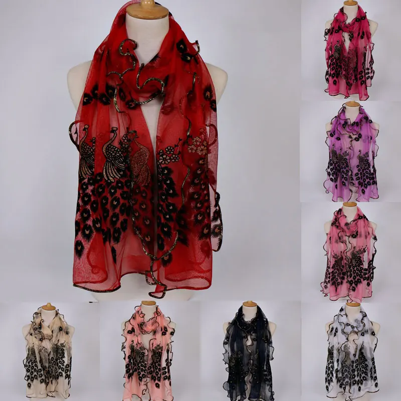 

190*40 см шифоновый шарф с павлиньими перьями длинная мягкая накидка шаль для элегантных женских бронзовых шарфов богемный пляжный хиджаб шал...