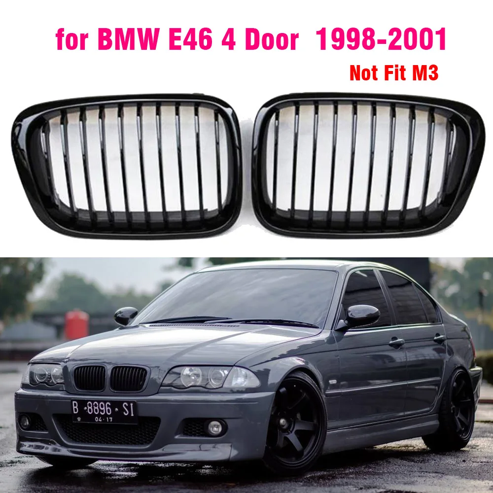 Gloss black Front Kidney Grille Slat Style Grill for For BMW E46 4 door 1998 1999 2000 2001 Car styling