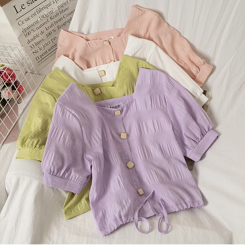 

Женская винтажная блузка на пуговицах, хлопковая Укороченная рубашка фиолетового цвета с пуговицами, уличный топ в Корейском стиле, 5 цветов, лето 2020