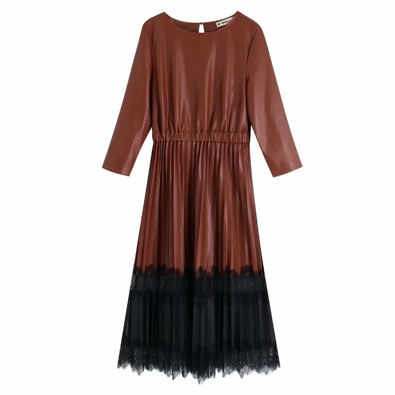 Коричневое платье элегантное женское черное кружевное лоскутное плиссированное
