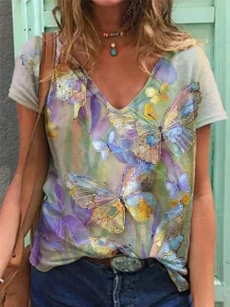 

Butterfly pattern Tshirts Fashion Women's Summer Printed Short sleeves V-Neck Casual Tee Tops Female Loose T-Shirt Daily