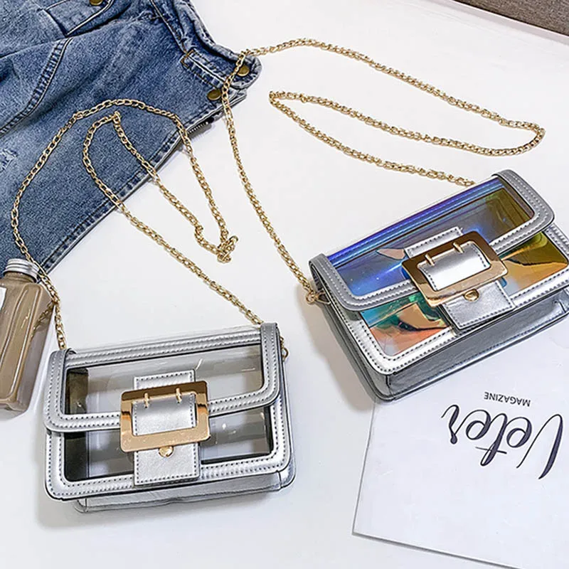 

Women Clear Transparent Shoulder Bag Mini Tote Lasering Holographic Handbag Carteras Para Mujer