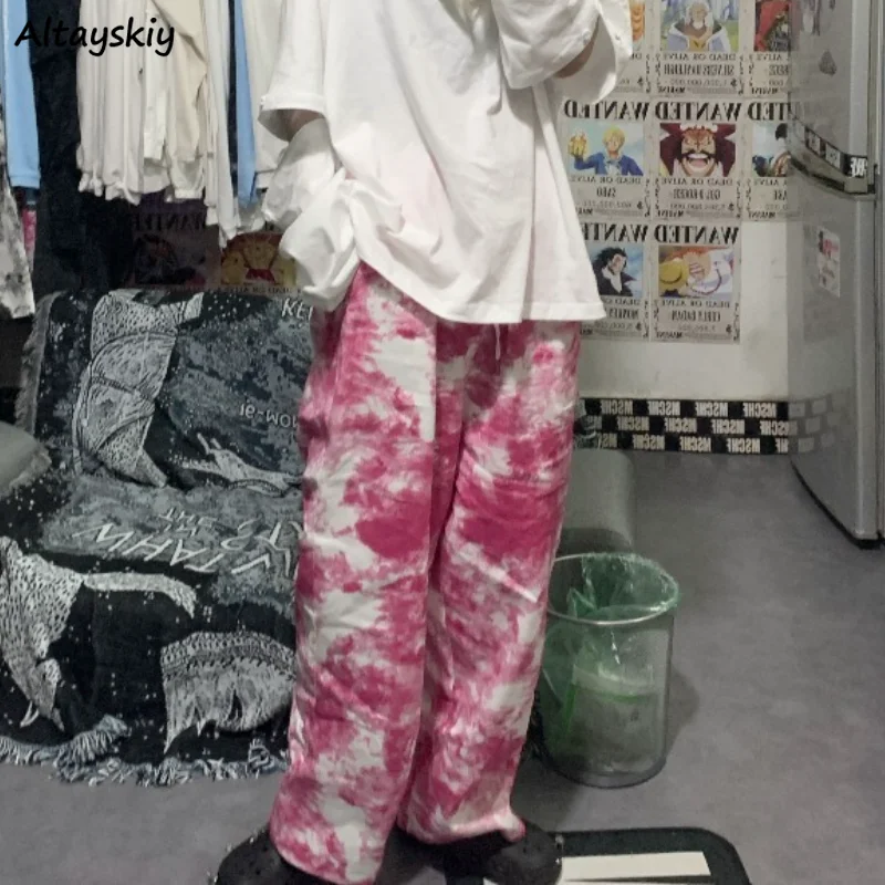 

Tie Dye Panelled Casual Pants Women Spring Fashion Wide Leg Trousers High Street Harajuku BF All-match Streetwear Korean Chic