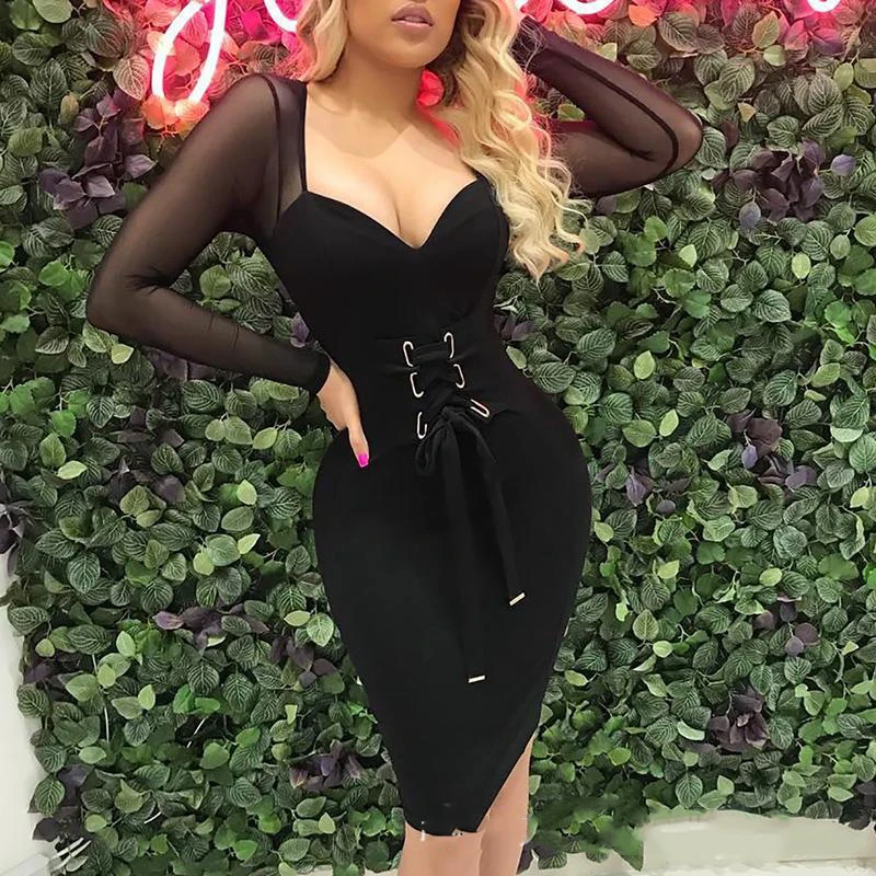 Черные платья облегающие сетчатые Лоскутные с длинными рукавами на шнуровке