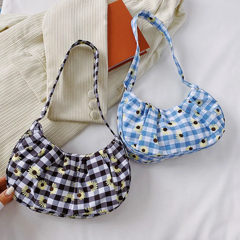 

Ladies Baguette Bags Small Canvas Shoulder Bags for Women Ruched Daisy Handbag Female Travel Top-Handle Handbags