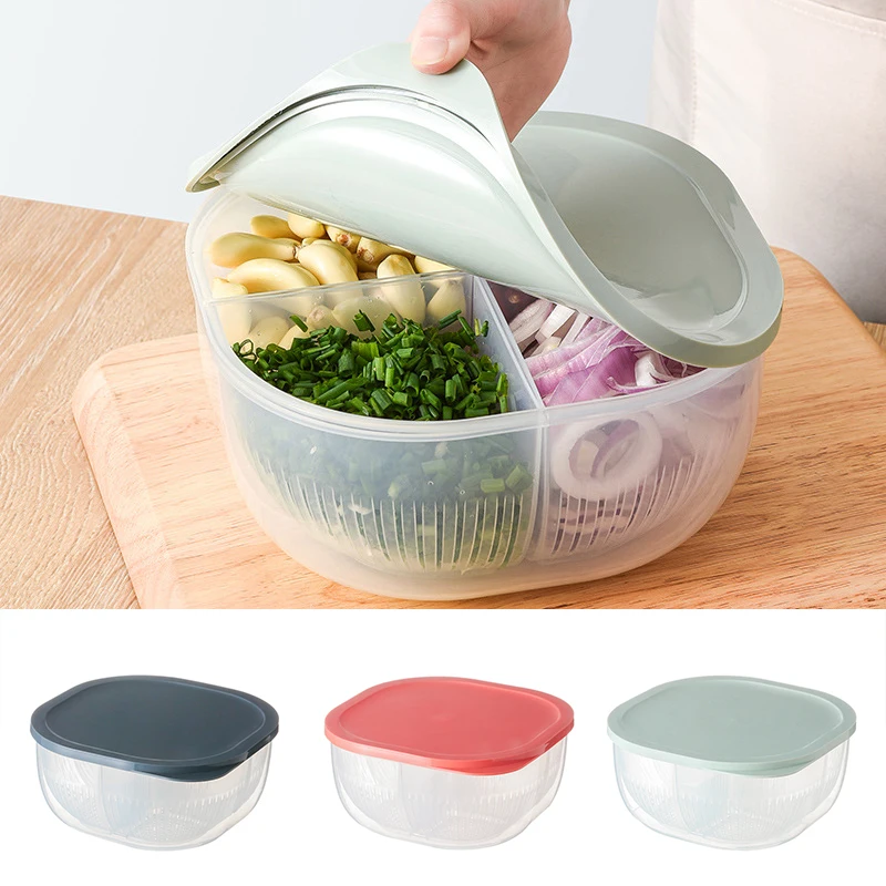 

2021 Storage Box Detachable Fresh Keeping For Kitchen Drain Design Divided Box Fruit Vegetable Green Onion Ginger Garlic