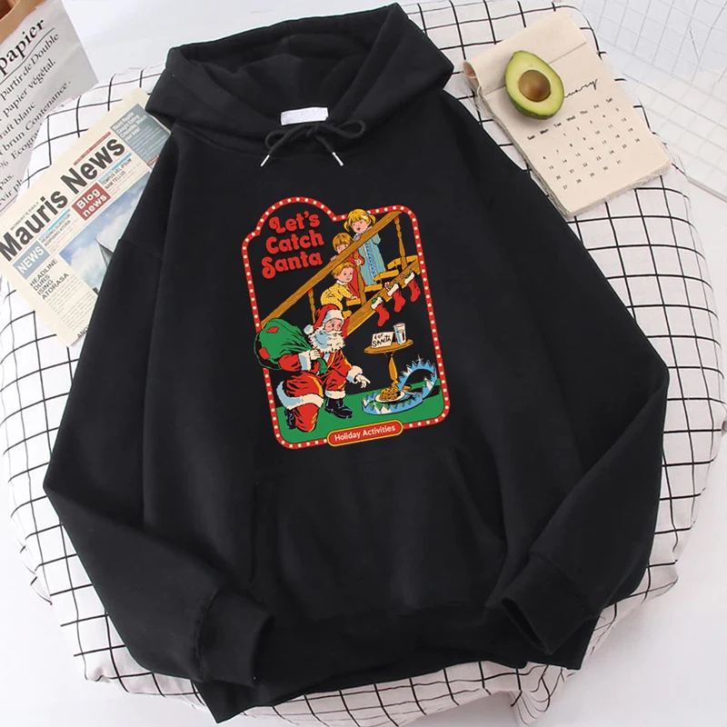 

Merry Christmas Hoodie Ladies Plus Size Christmas Catch Santa Print Pullover Tops Autumn Round Neck Long Sleeve Loose Sweatshirt