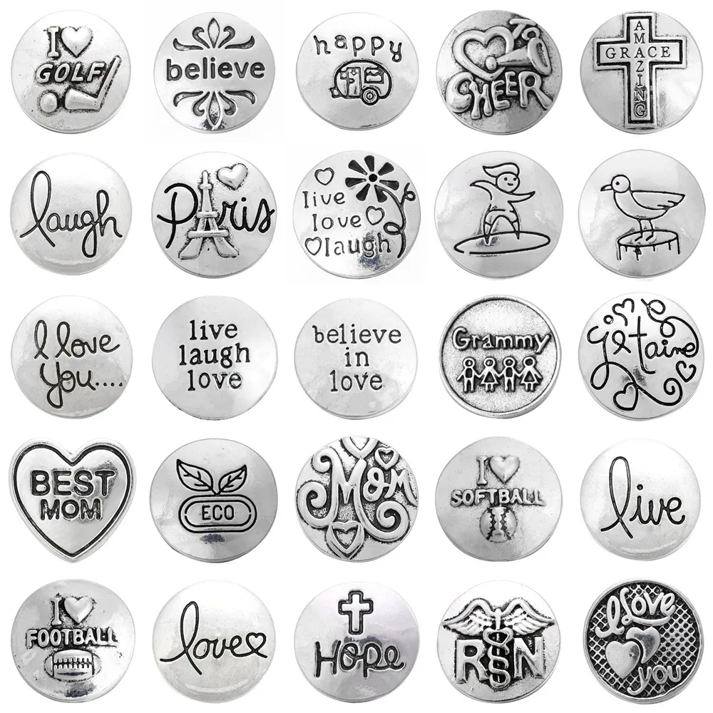 

6pcs/lot New Snap Jewelry Round Metal Snaps Hope Love Corss Happy Mom 18mm Snap Buttons Fit Leather Snap Bracelet Bangle