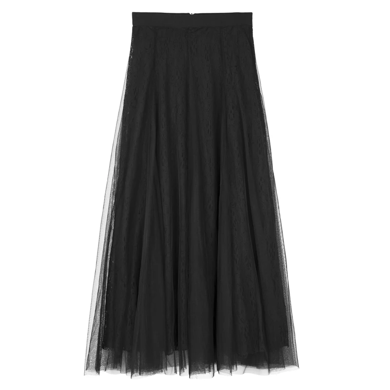 

2021 Spring Women Lace Long Skirt High Waist A-Line Apricot Mesh Midi Skirts Beach Jupe Femme Faldas Female Korean Fashion Skirt