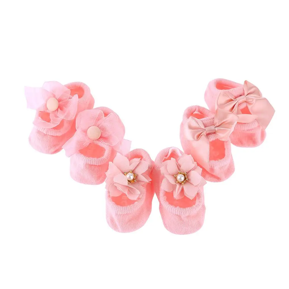 

3 Pairs/Lot Flower Bowknot Baby Girls Cotton Anti-Slip Floor Socks Suitable For 1-3 Year Olds Antiskid Floor Socks For Infants
