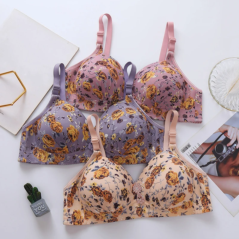 

Rose Print Thin Underwire Comfortable Back Bra, Side Nipple Gathering Anti-sagging