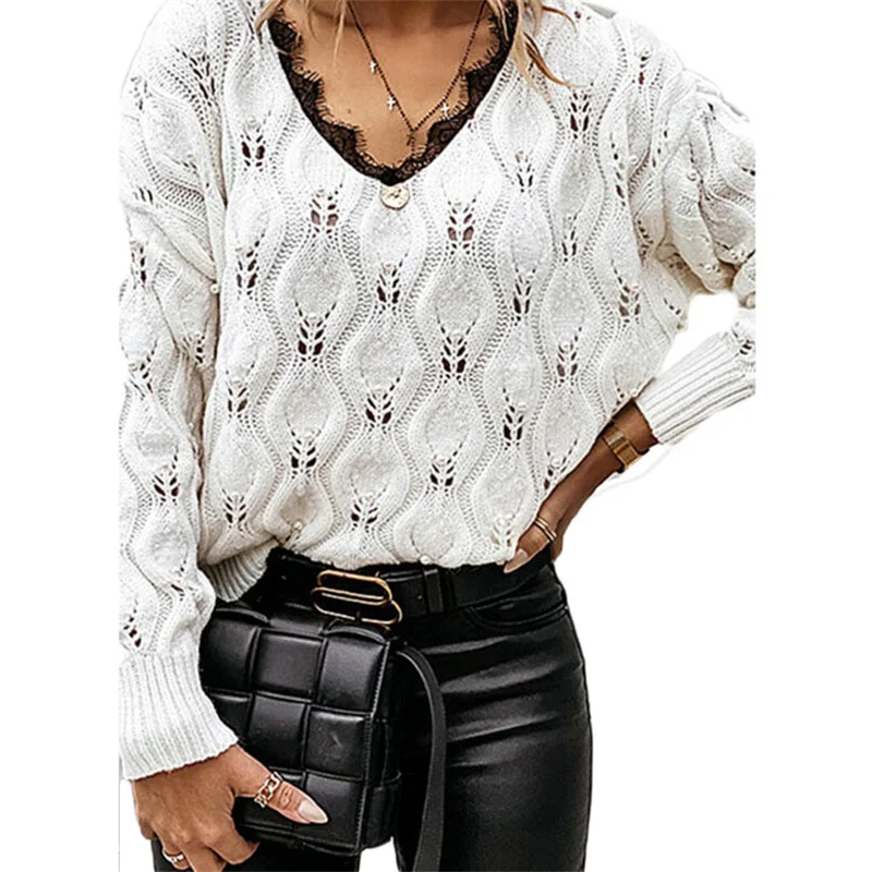 

Knitted Sweater Women Fall 2021 New Hedging Solid Color Long-Sleeved V-Neck Heart-Shaped Hollow Loose Fashion Jacket T122