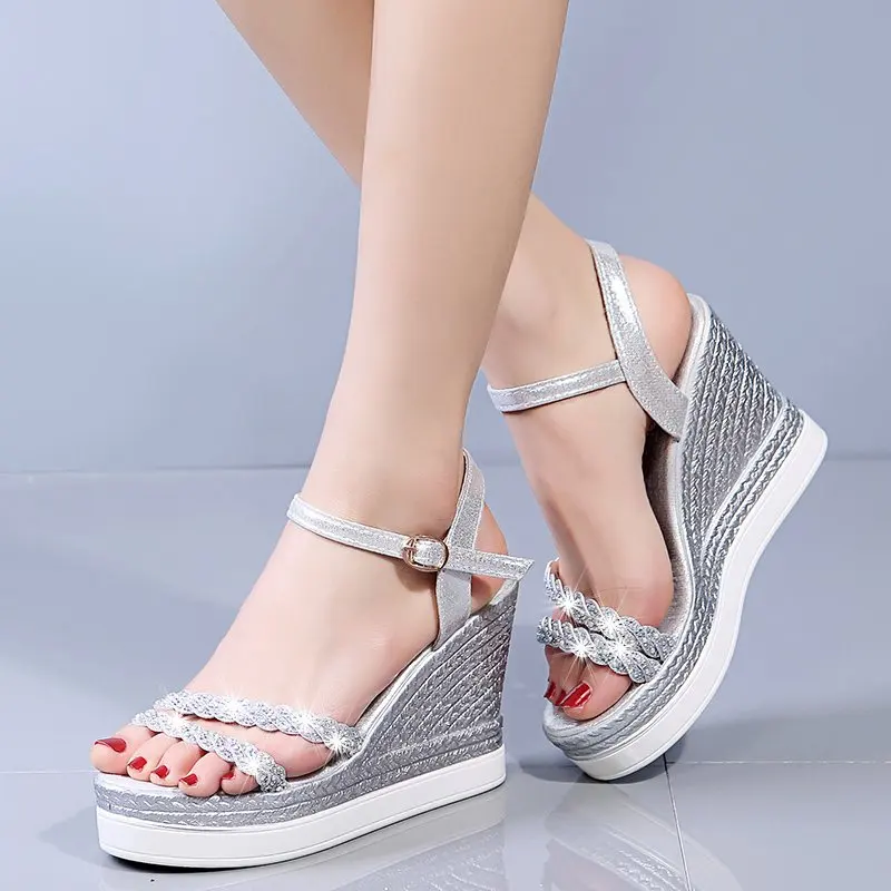 

Women Sandals Fashion Blingbling Crystal Sequins Platform Wedge Thick Sole Sandals High Heels Shoes Summer Beach Sandals