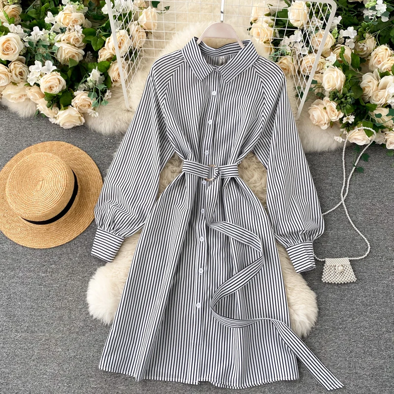 

Women Striped Blouse Dresses Sexy Y2K Office Lady Belts Party Dress Fashion Clothes Vintage Turn-down Collar Vestidos Wear D419
