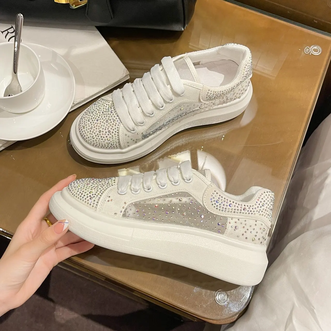 

Breathable Shoes Casual Female Sneakers Round Toe Crystal Espadrilles For Women Clogs Platform Tennis Summer Small Rhinestone Cr