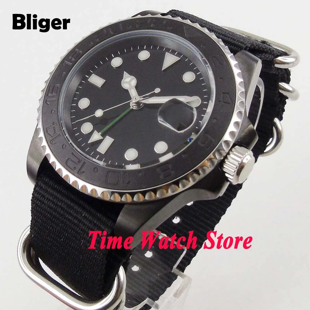 Мужские автоматические часы 40 мм Bliger GMT 3084 черный стерильный циферблат